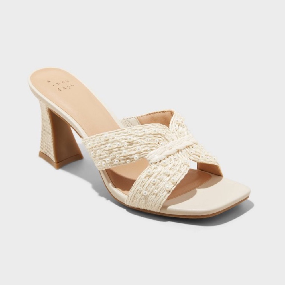 a new day Cream Knitted Beaded Crossband Heeled Mules